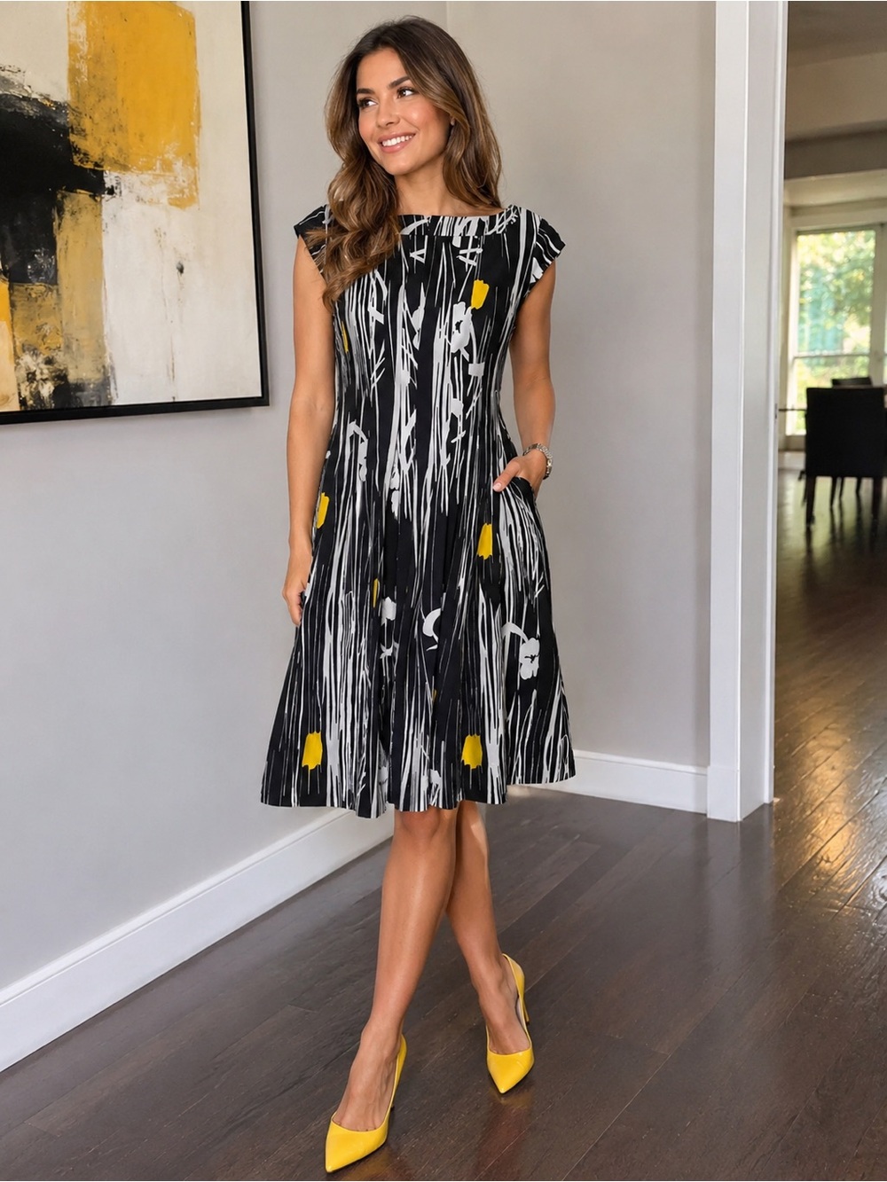 Kay Unger Yellow Floral Midi Dress Sz 6